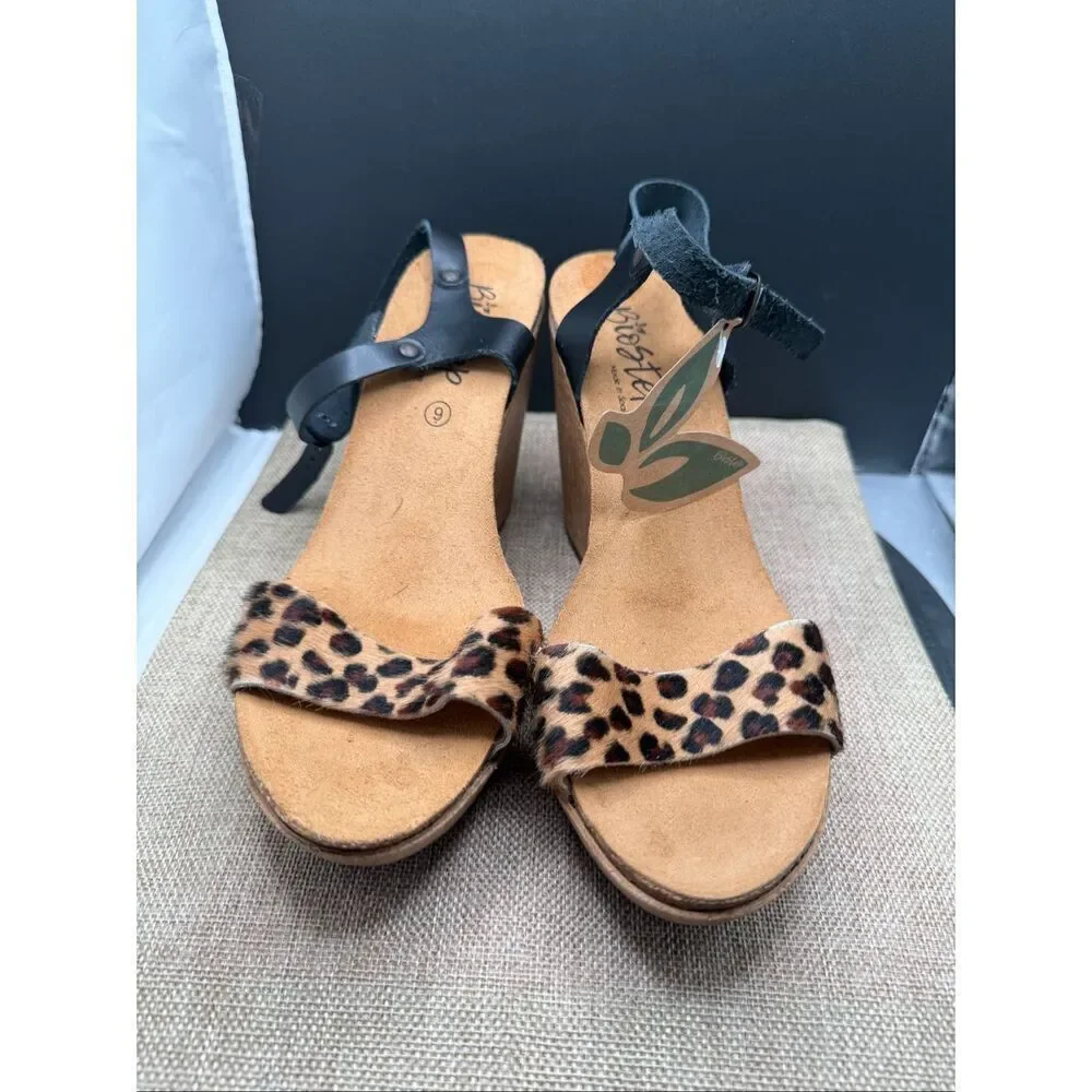 BioStep Wedges Leopard Print Pony Hair with Black Leather Strap Size 6